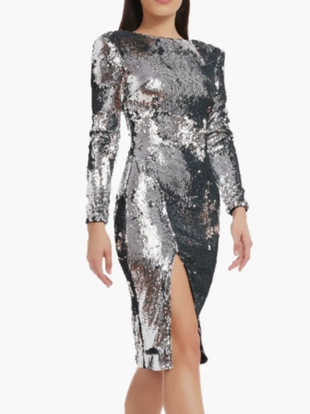 Dress The Population Natalie Silver Sequin Long Sleeve Slit Dress Size Small